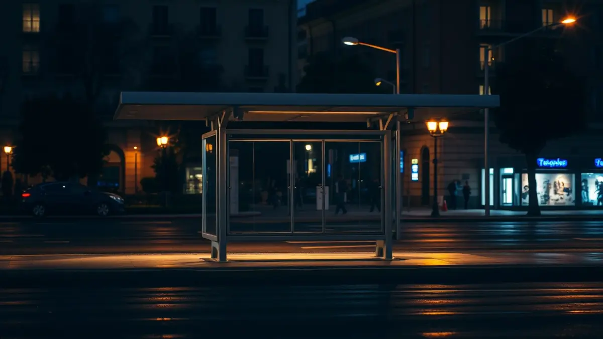 Generic image of a night bus stop in a Mediterranean city.