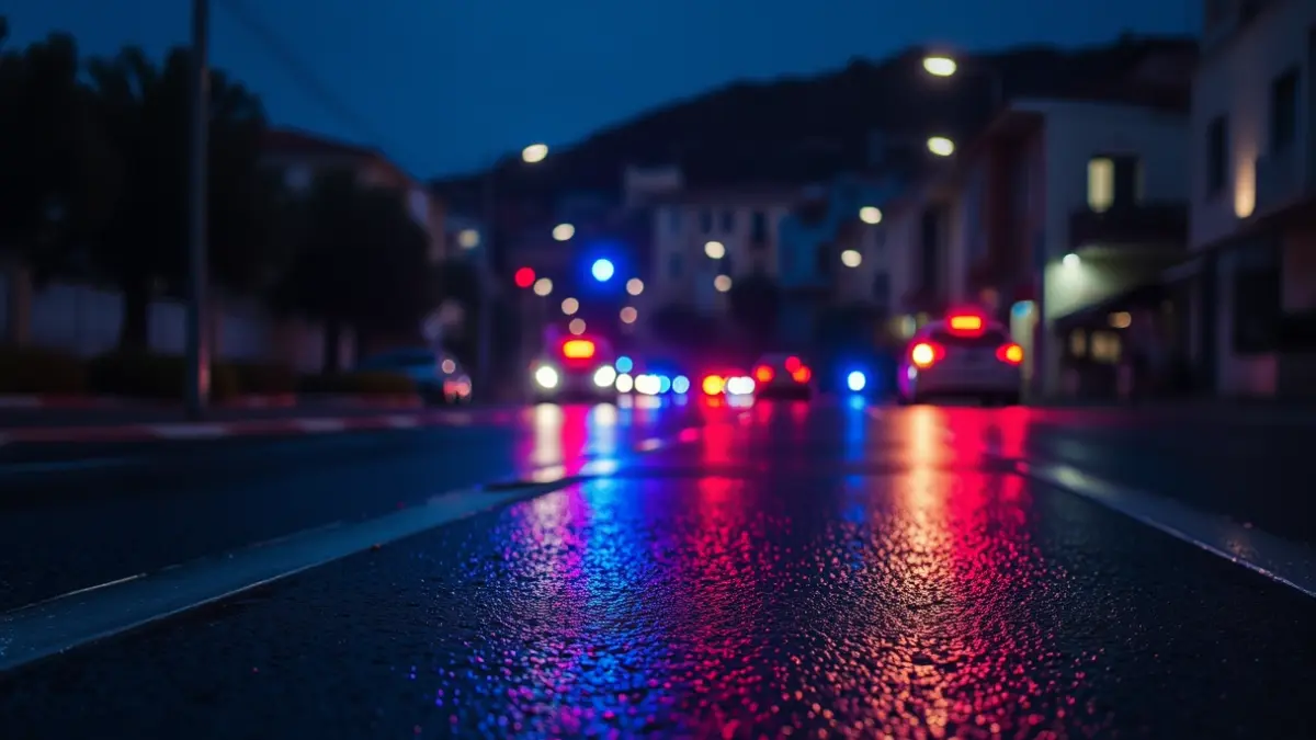 Imatge genèrica de llums d'emergència reflectint-se sobre l'asfalt mullat de nit.