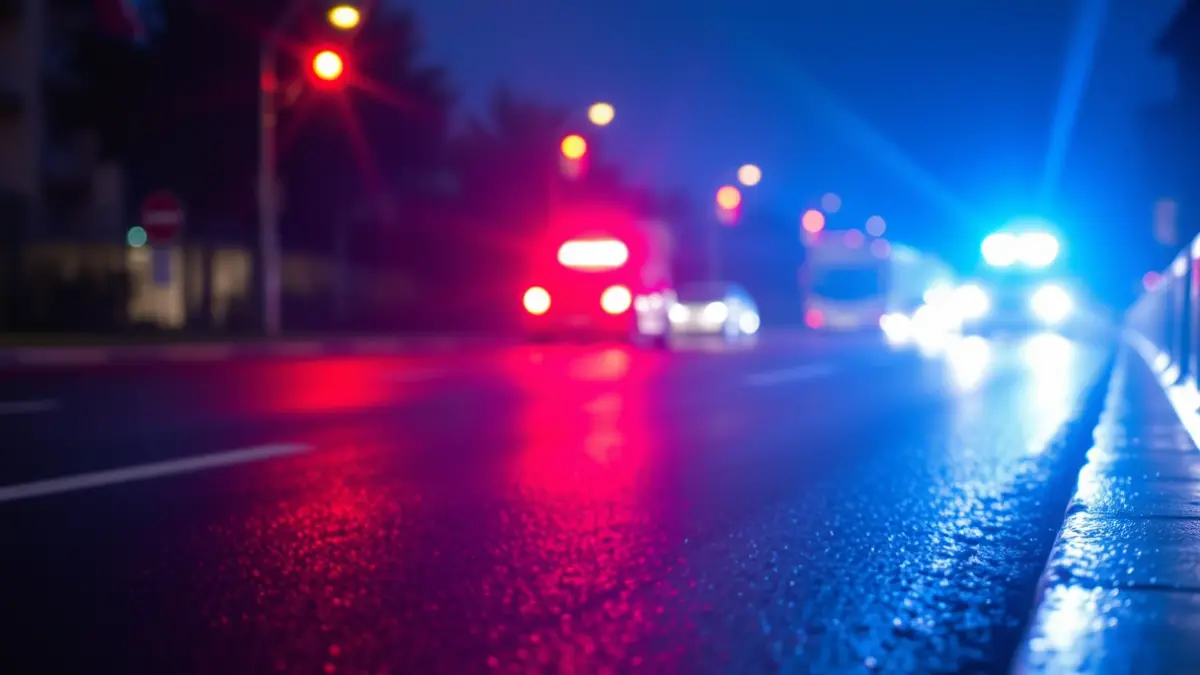 Generic image of emergency lights reflecting on wet asphalt at night.
