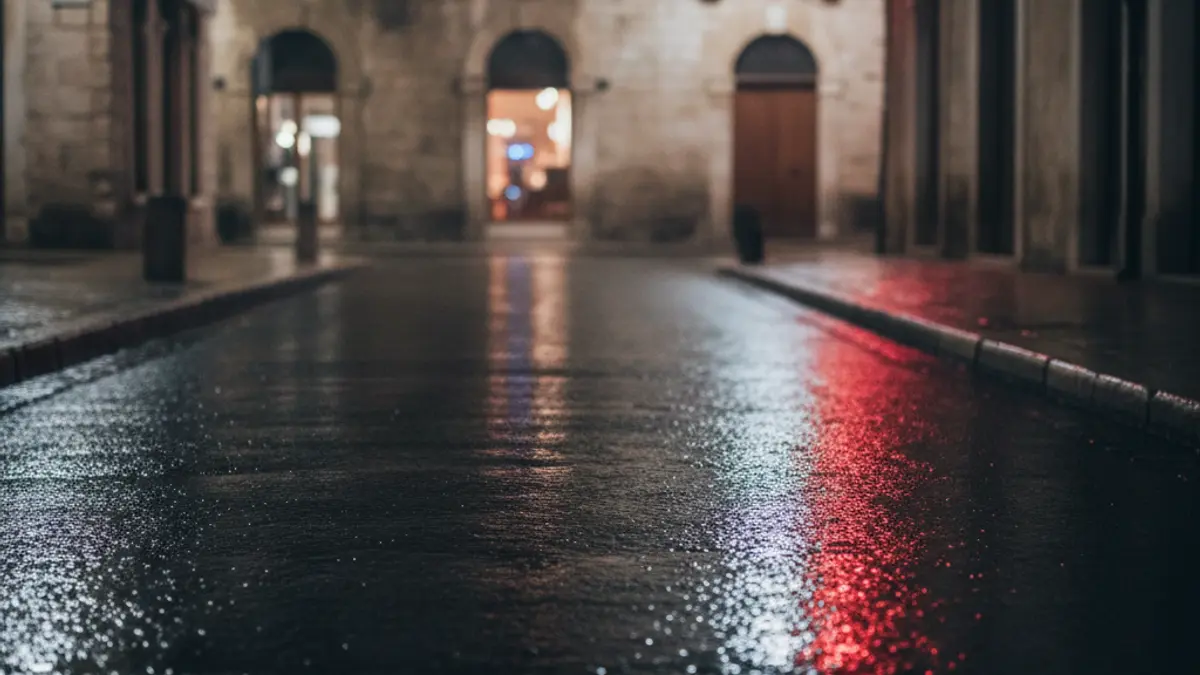 Imatge genèrica de llums d'emergència reflectint-se sobre l'asfalt mullat de nit.