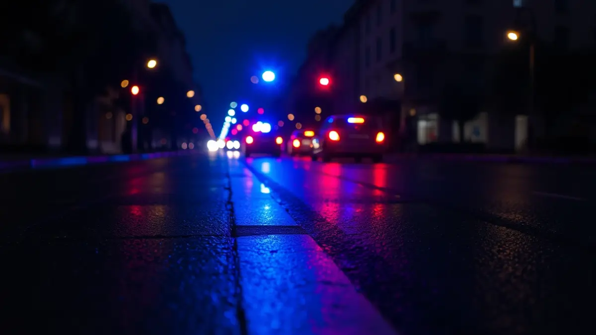 Generic image of emergency lights reflecting on wet asphalt at night.