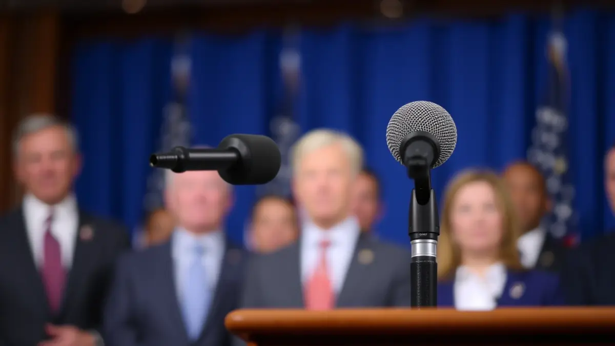 Generic image of a microphone on a podium during a press conference.