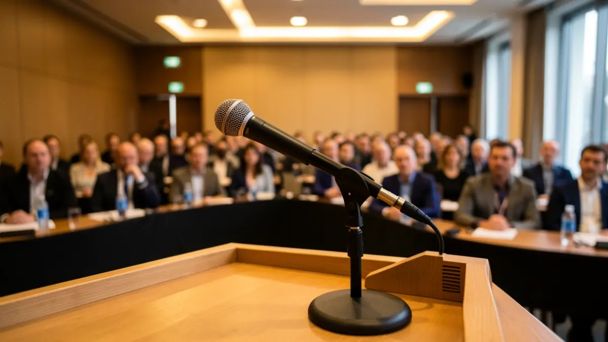 Generic image of a podium with a microphone.