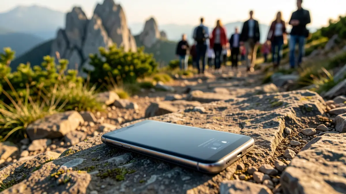 Imatge genèrica d'un telèfon mòbil sobre un camí de muntanya pedregós.