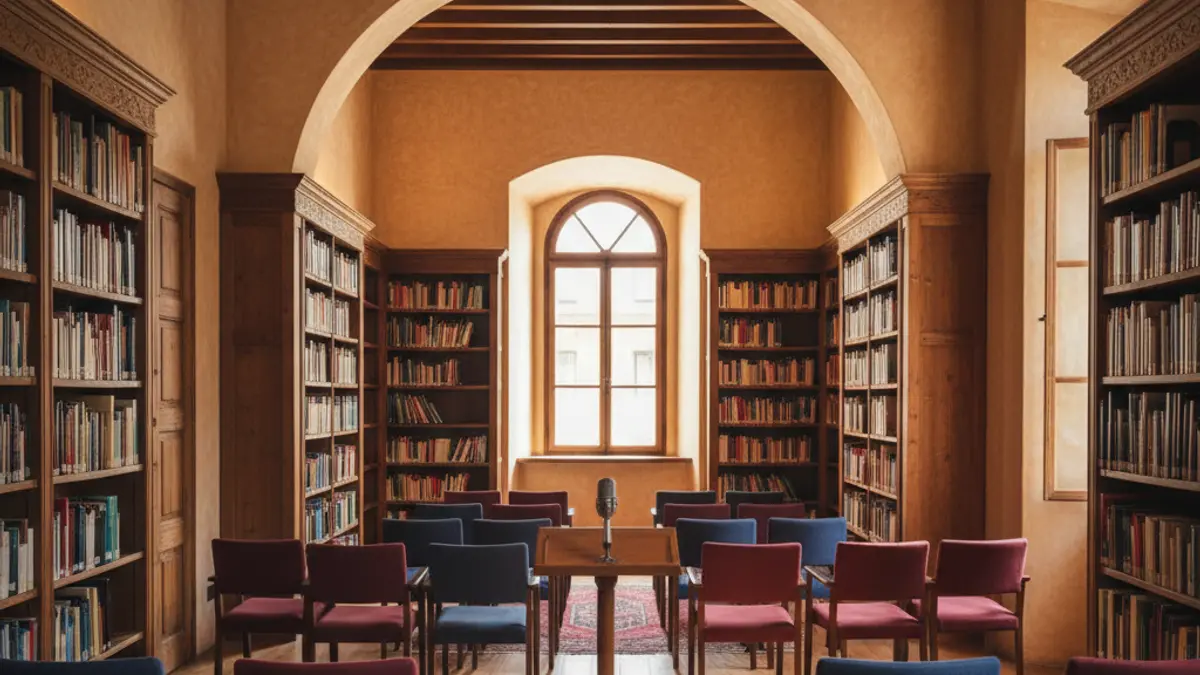 Generic image of a conference room or library with a podium and empty chairs.