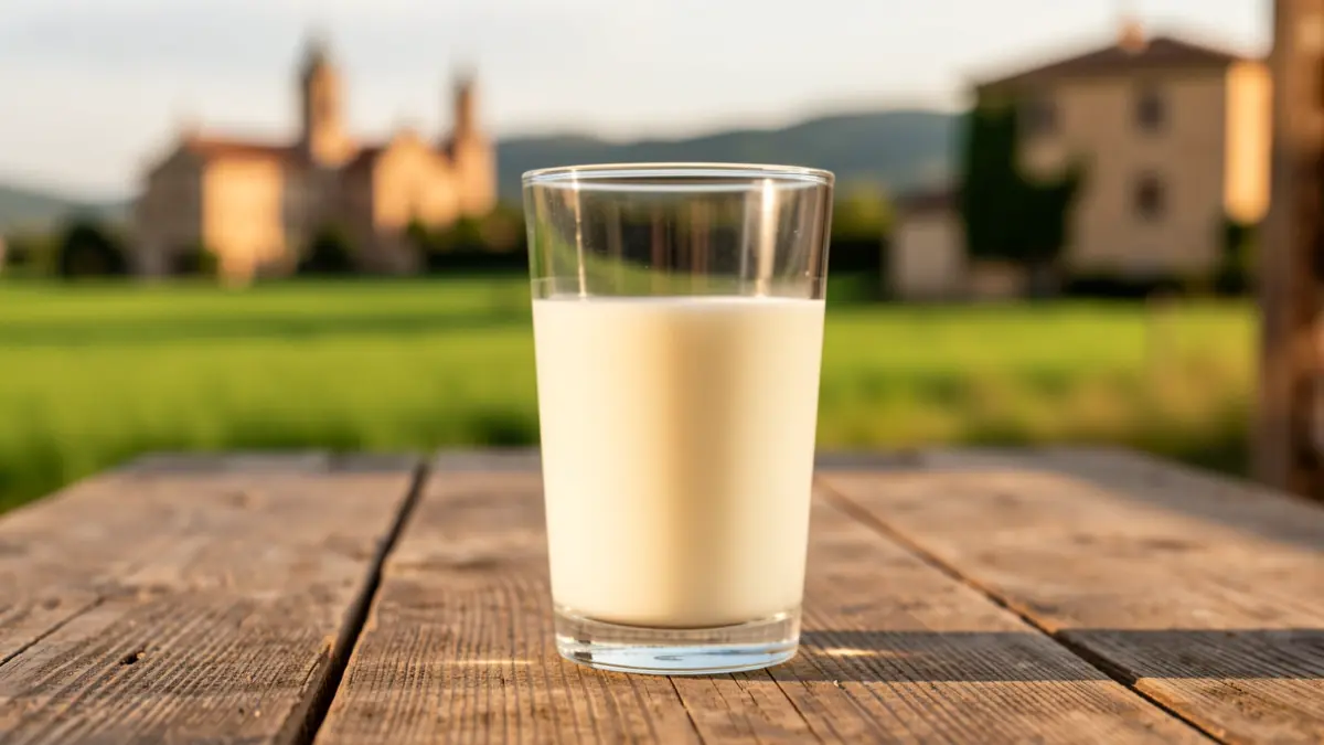 Imatge genèrica de llet fresca amb paisatge català al fons.