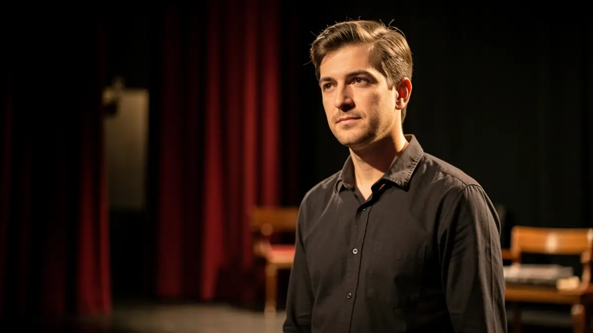 Catalan actor illuminated by a spotlight on a theatre stage.