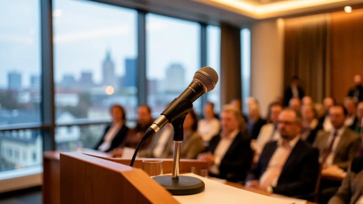 Generic image of a podium with a microphone.