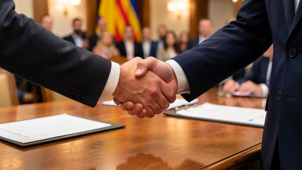 Generic image of two people shaking hands in a business setting.