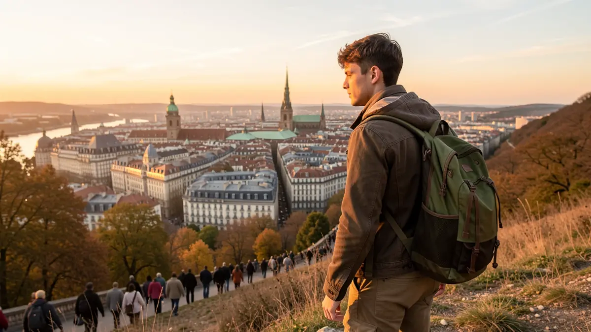 Young adventurer contemplating a European city at sunset.