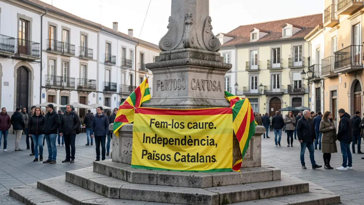 Monumento en Tortosa con una pancarta reivindicativa y banderas esteladas.