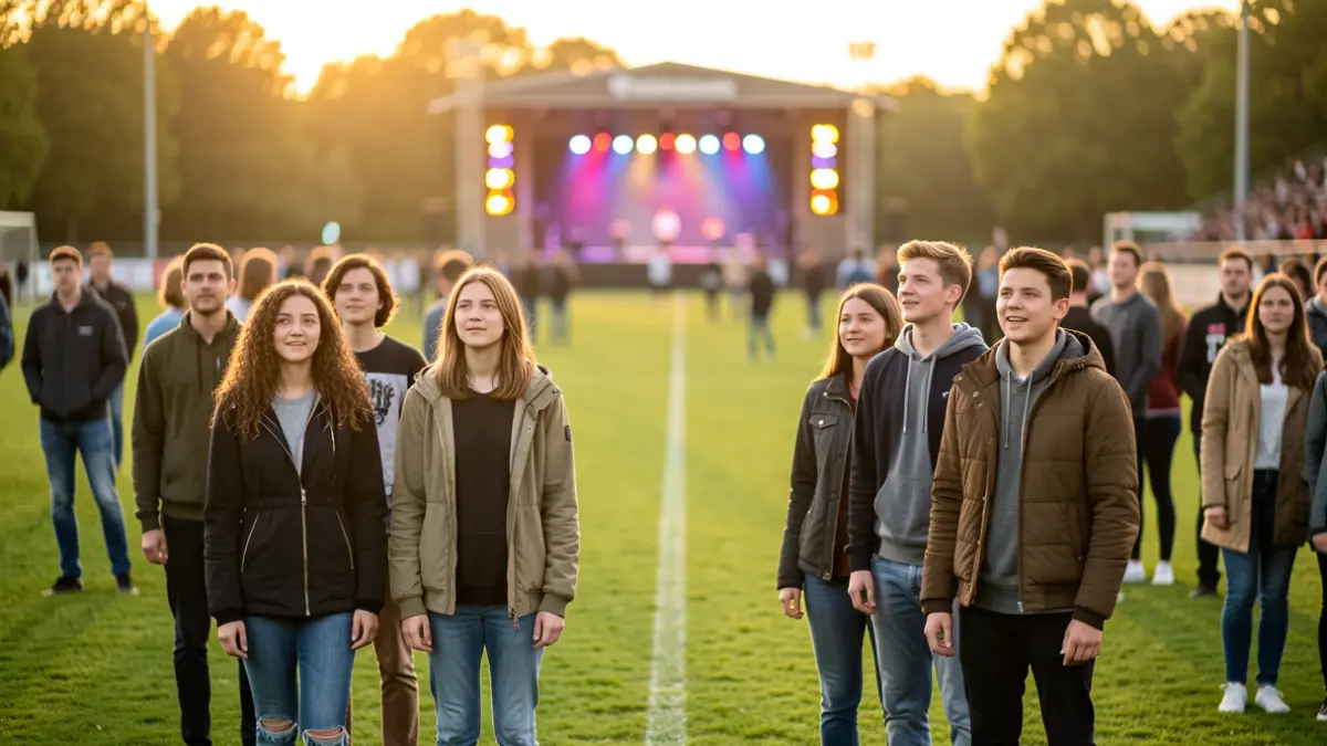 Jóvenes esperando un evento importante en un estadio.
