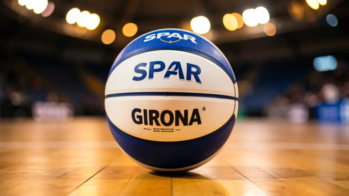 Balón de baloncesto con los colores del Spar Girona sobre una pista de madera.