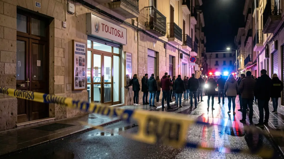 Imatge genèrica d'un establiment amb cintes policials i llums d'emergència.