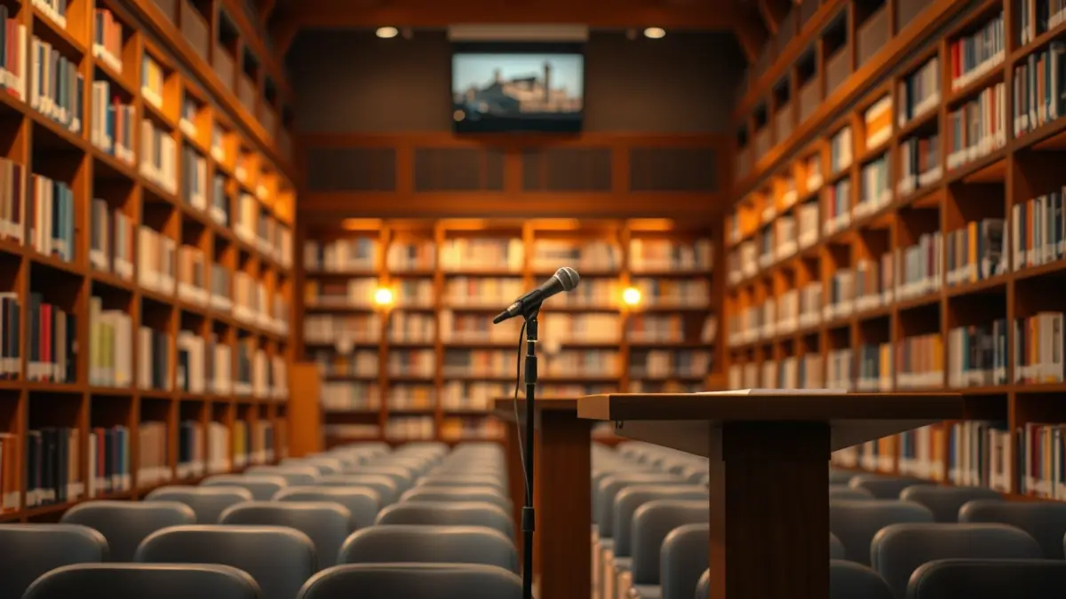 Imagen genérica de un auditorio o sala de conferencias con un podio y micrófono.
