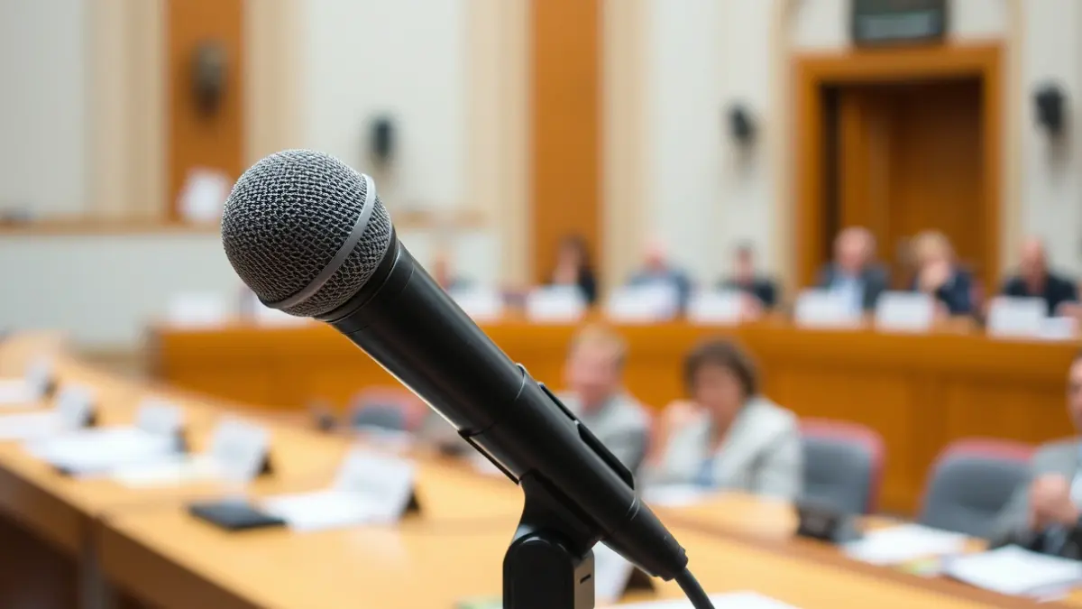 Generic image of a microphone on a podium, symbolizing a political debate