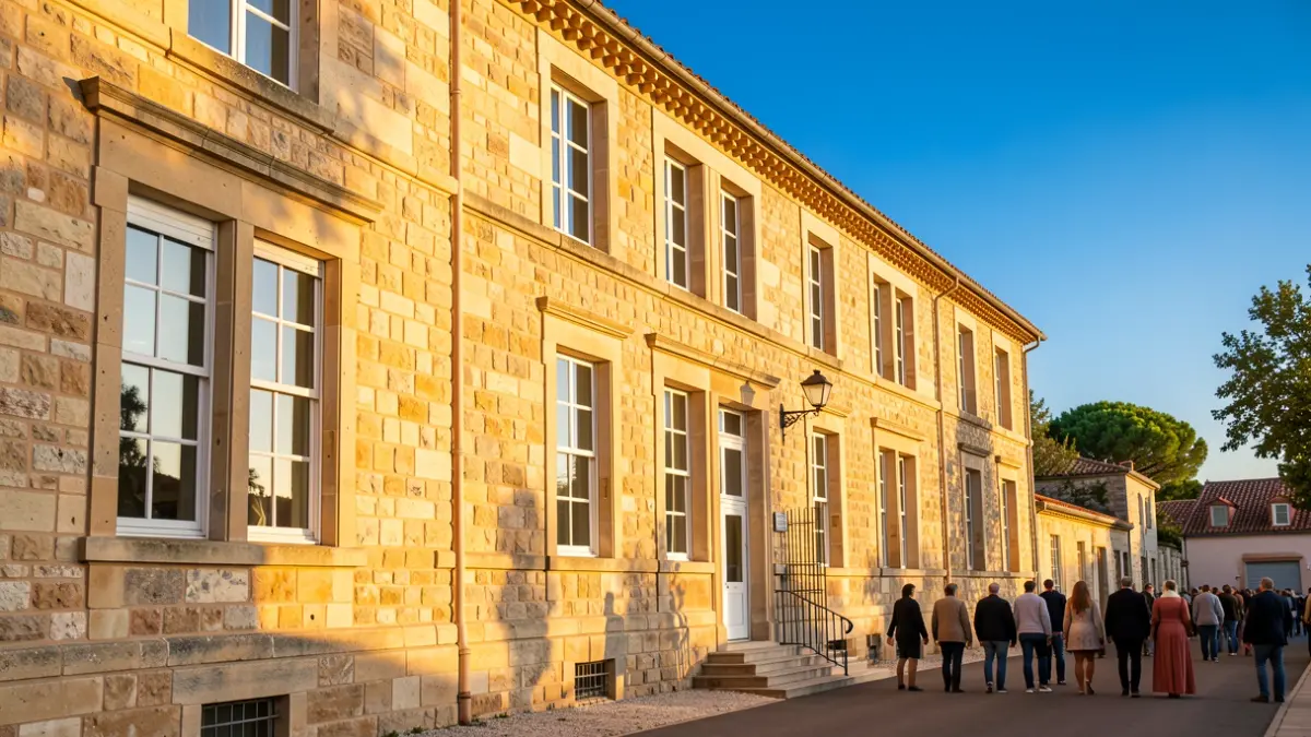 Façana d'un centre educatiu amb llum de tarda.