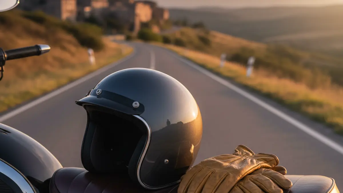 Imatge genèrica d'un casc i guants de motociclista sobre una moto, amb un paisatge de fons