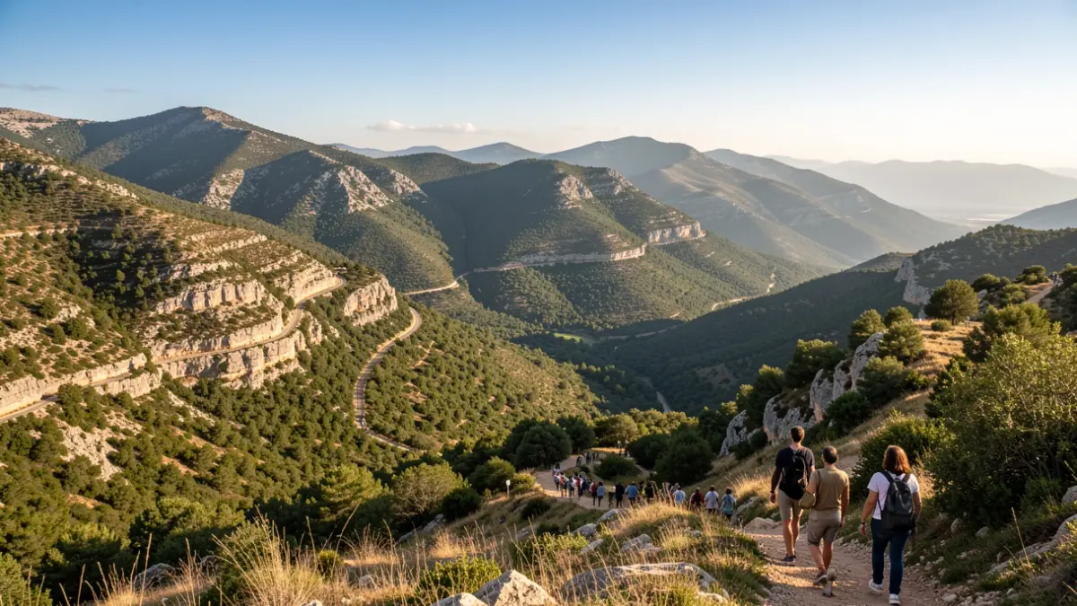Vista panoràmica de les muntanyes del Parc Natural dels Ports amb un sender.