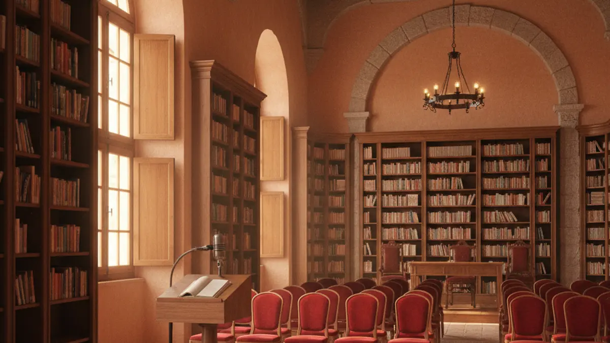 Generic image of a library with wooden bookshelves and a podium with a microphone.