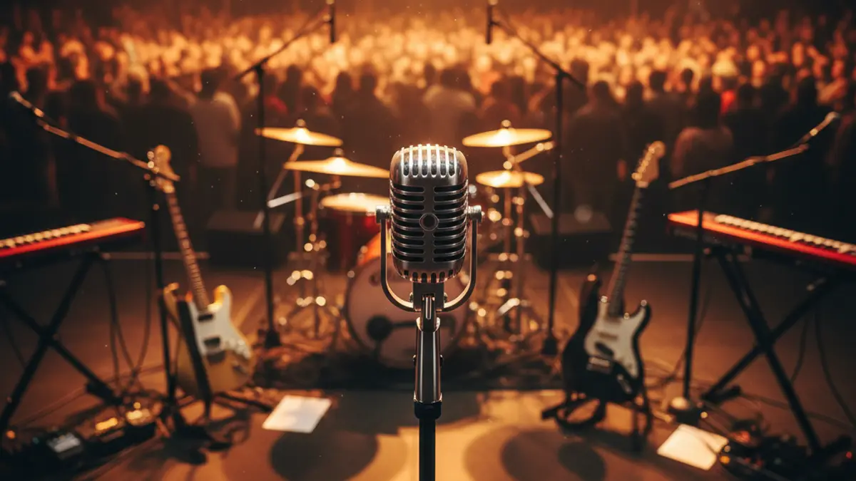 Generic image of a microphone on a stage, with blurred musical instruments in the background.