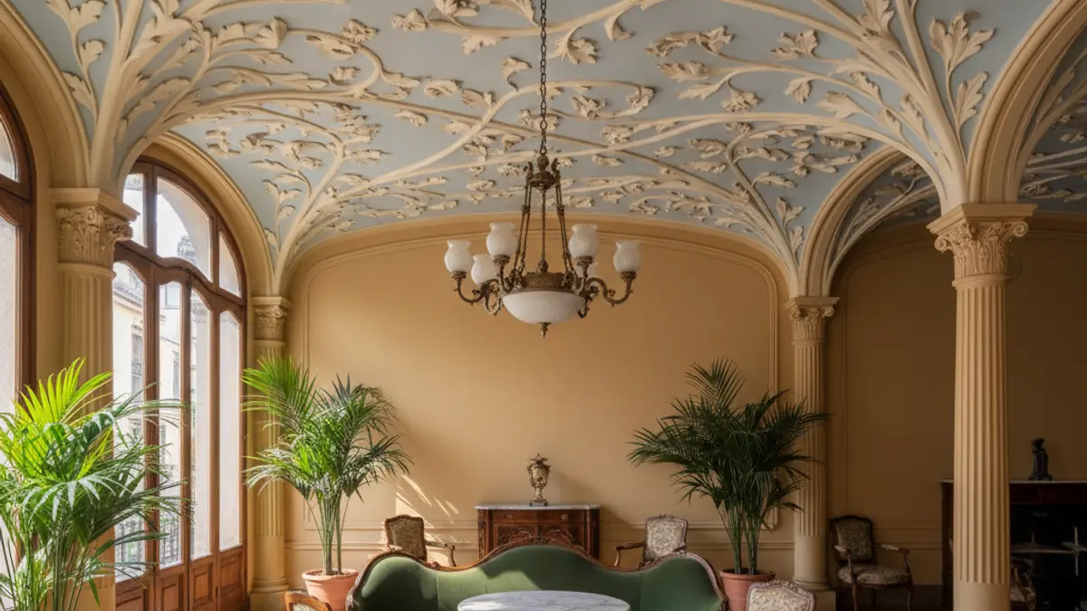 Image of a restored interior of a dwelling with undulating ceilings and floral stucco.