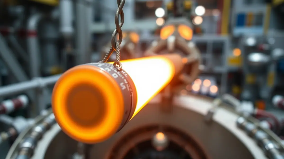 Image of nuclear fuel elements being inserted into a reactor.