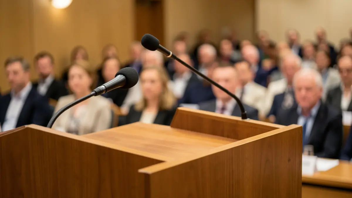 Generic image of a podium with a microphone in a press room.