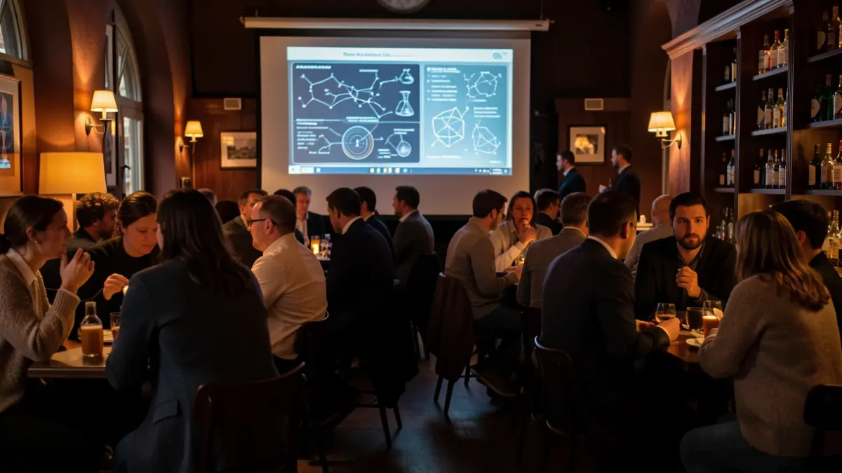 Imagen genérica de un bar con gente participando en una charla científica.
