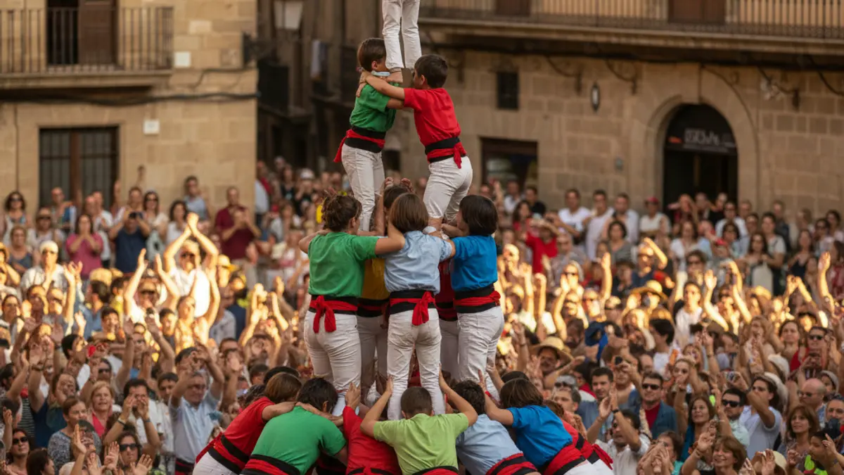 Imatge d'un castell humà en construcció durant una actuació castellera.