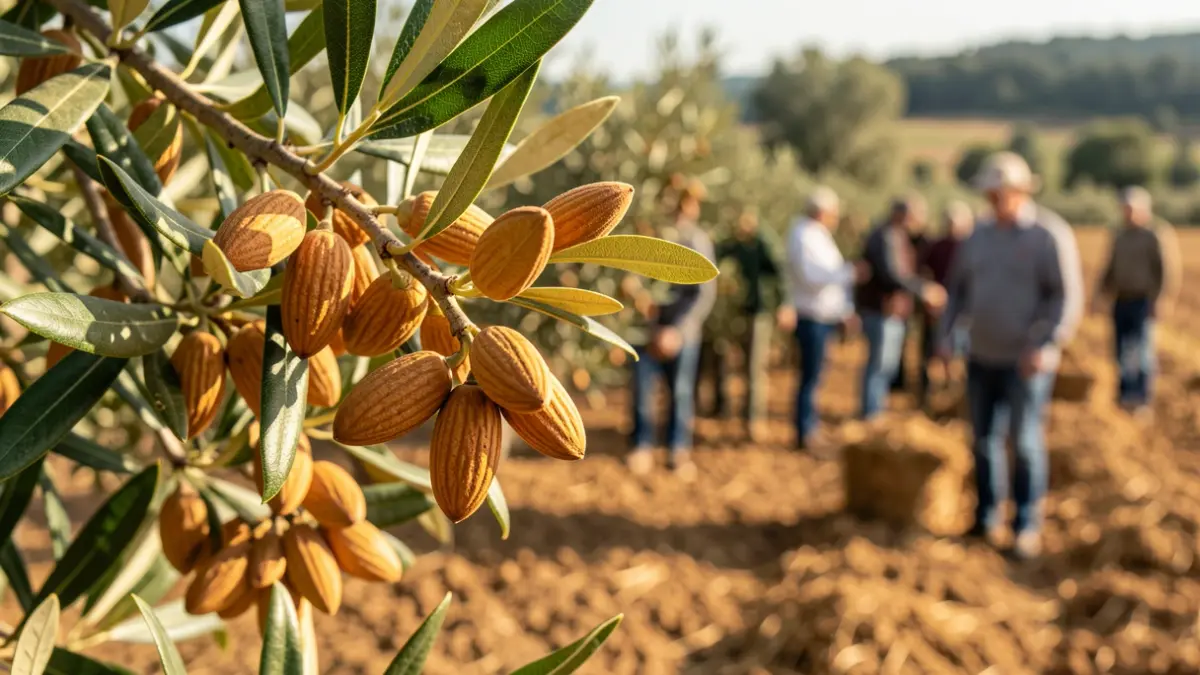 Generic image of almonds on a branch during harvest.