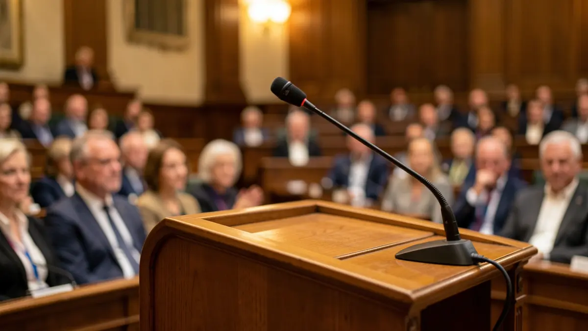 Generic image of a podium with a microphone in a parliamentary chamber.