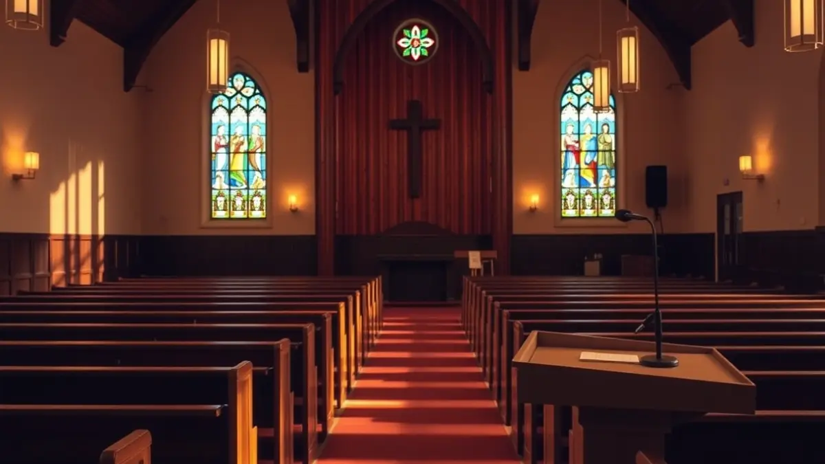 Generic image of a church interior with empty pews and warm light.