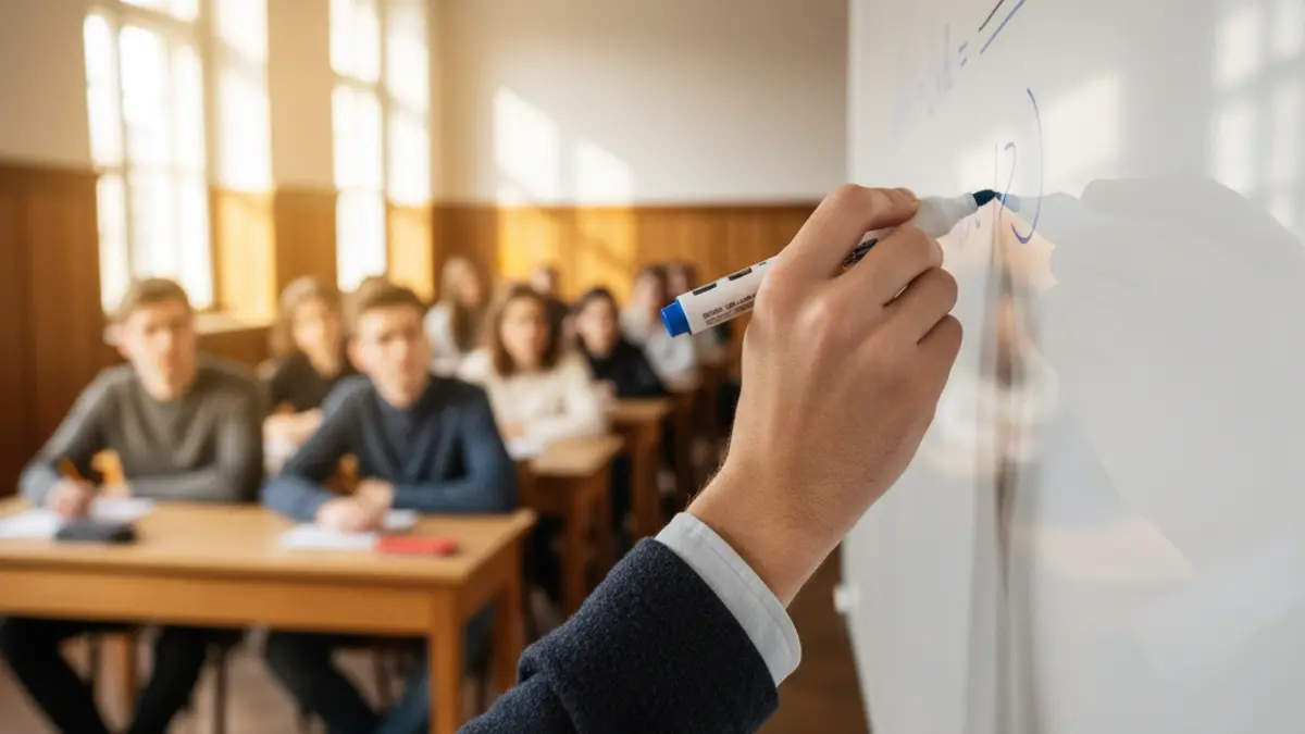 Imatge genèrica d'una mà de mestre escrivint en una pissarra en una aula.