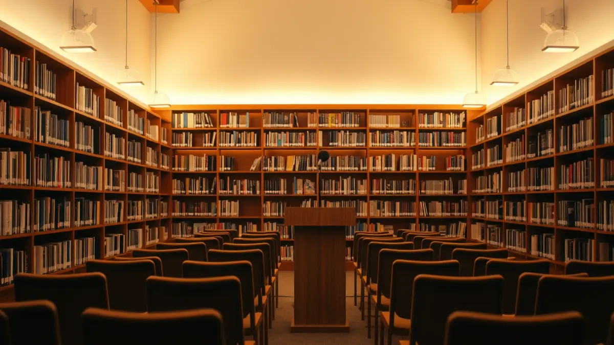 Generic image of a library interior with wooden bookshelves and a podium with microphone.