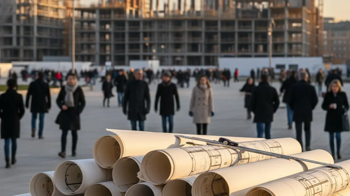 Imatge genèrica de plànols de construcció amb un fons urbà desenfocat.