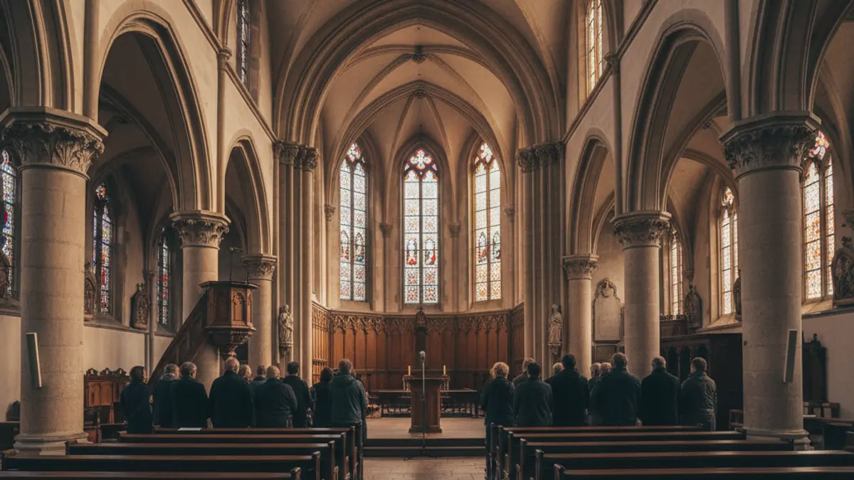 Interior of a historic church with warm lighting, set up for a concert
