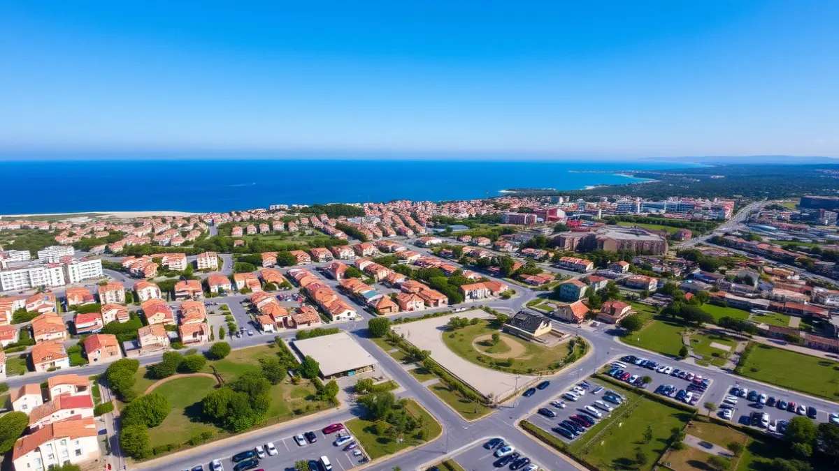 Imatge aèria d'una ciutat costanera mediterrània amb zones d'aparcament.