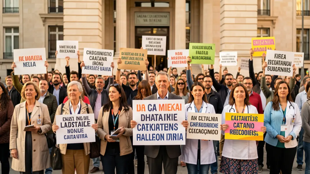 Imagen genérica de manifestantes catalanes, incluyendo docentes y médicos, frente a un edificio oficial.