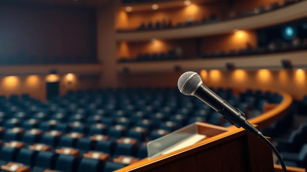 Generic image of a microphone on a podium, symbolizing political debate.