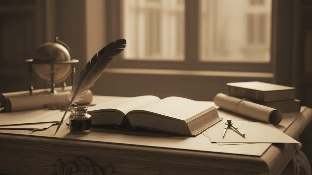 Imatge genèrica d'un escriptori antic amb llibres i eines d'escriptura, evocant l'estudi de la llengua.