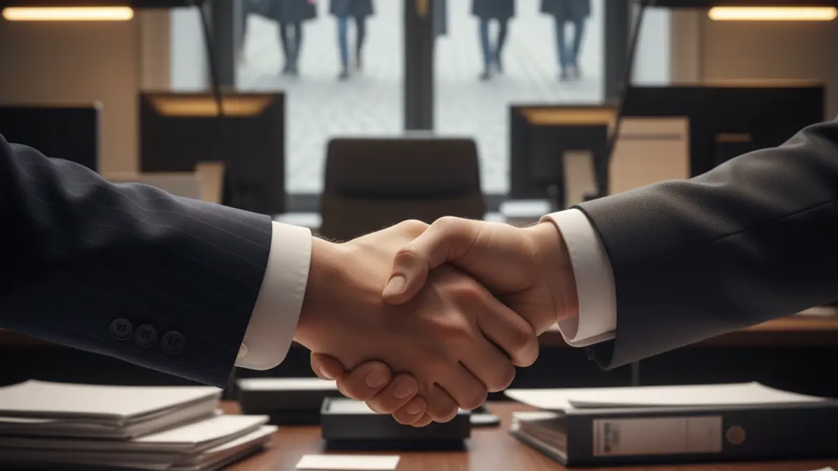 Imatge genèrica de dues mans encaixant-se sobre un escriptori, simbolitzant un acord empresarial.