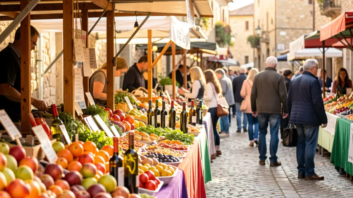 Imagen genérica de una feria gastronómica en las Terres de l'Ebre con puestos de productos locales y vinos.