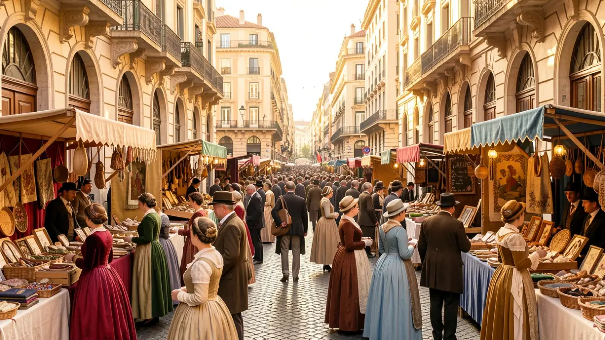 Generic image of a modernist street festival in Barcelona with people in period costumes.