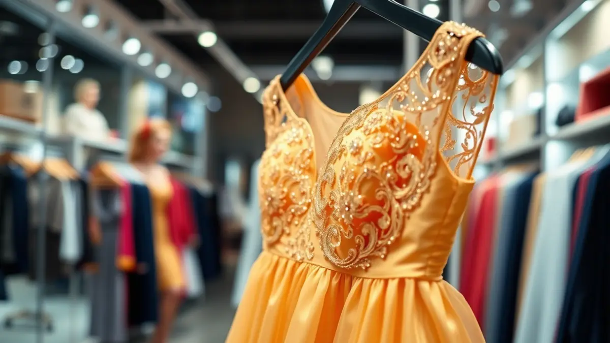 Image of a graduation dress in a store, with a blurred background of people.