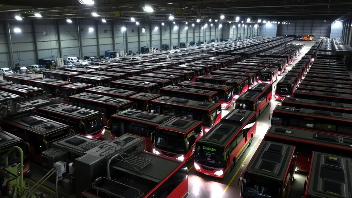 Imagen genérica de una cochera de autobuses por la noche, con vehículos en mantenimiento y limpieza.