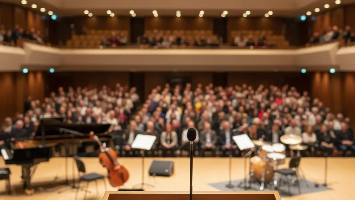 Generic image of a microphone on a podium, with blurred musical instruments in the background.