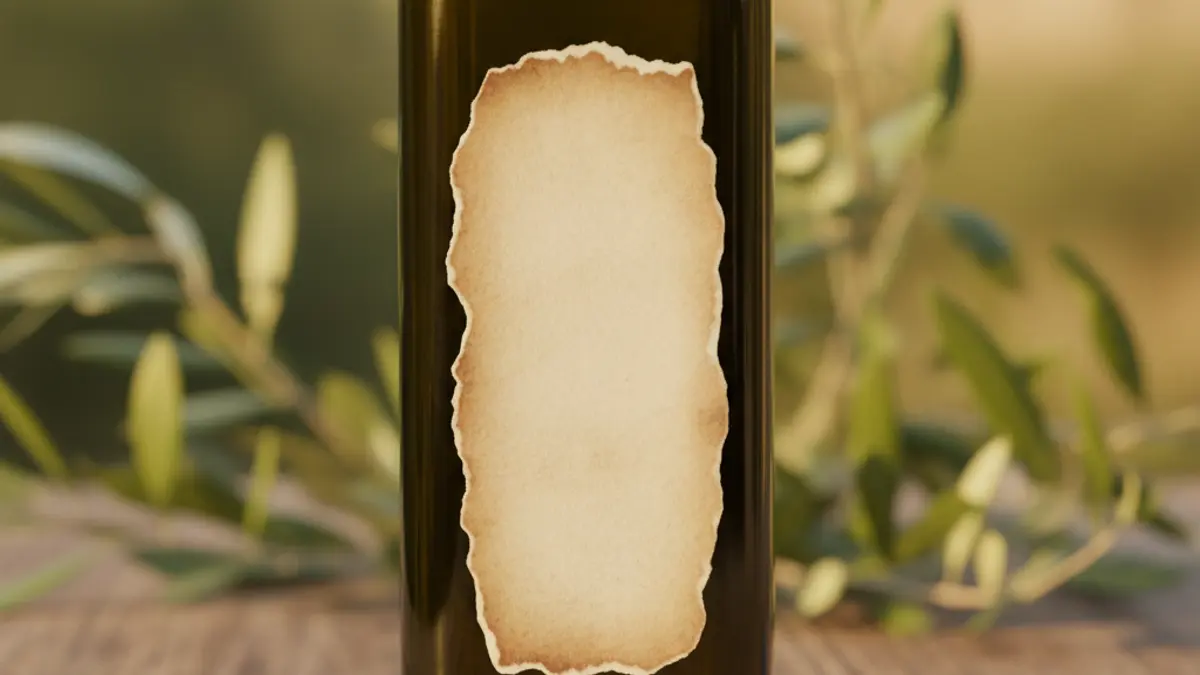Imatge genèrica d'una ampolla d'oli d'oliva amb branques d'olivera al fons.