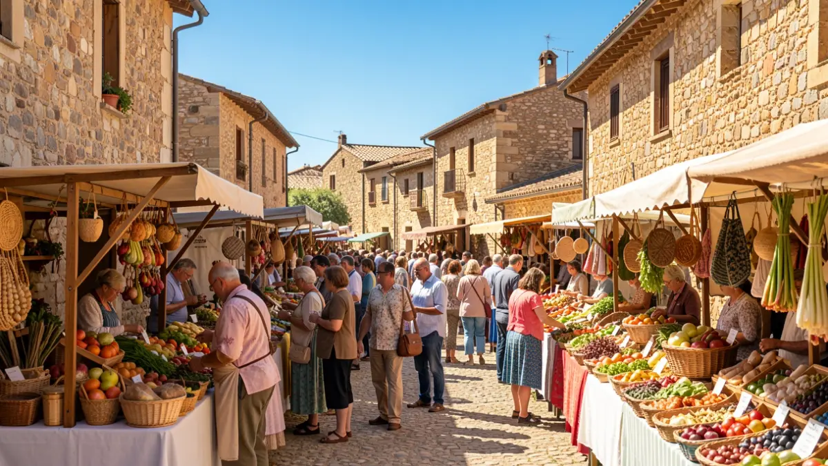 Generic image of a rural fair in Catalonia with stalls of local products and people participating.