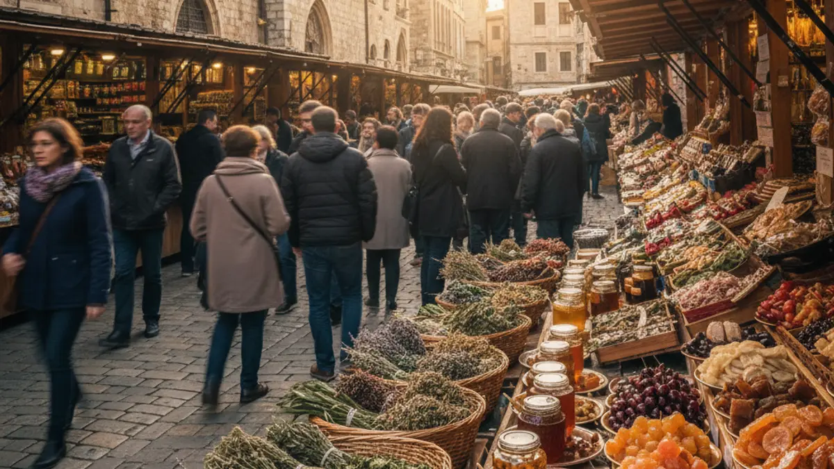 Imatge genèrica d'una fira tradicional amb parades de productes naturals i artesans.